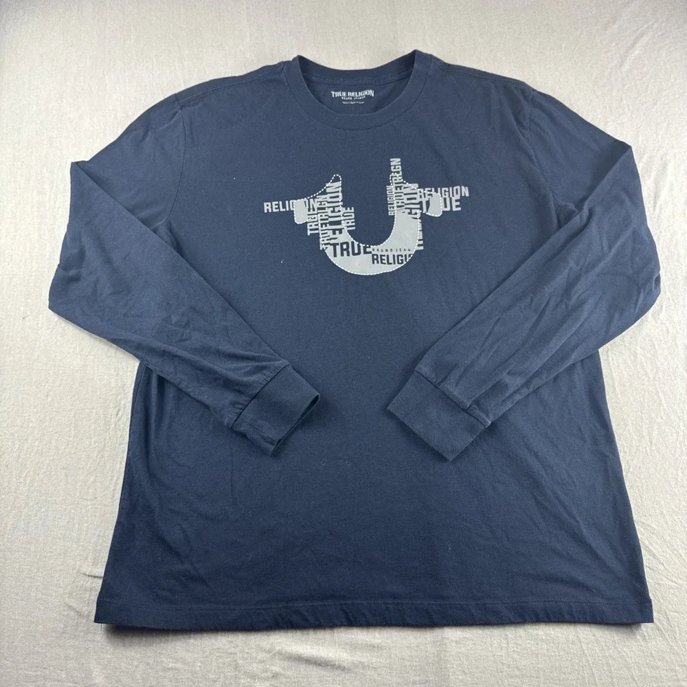 True Religion Shirt Mens S Blue Long Sleeve Crewneck Stacked Logo Casual Preppy